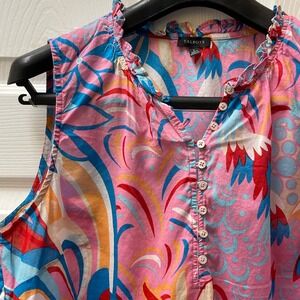 Talbots Women's L Floral Abstract Ruffle Collar 3/4 Button Boho Sleeveless Top